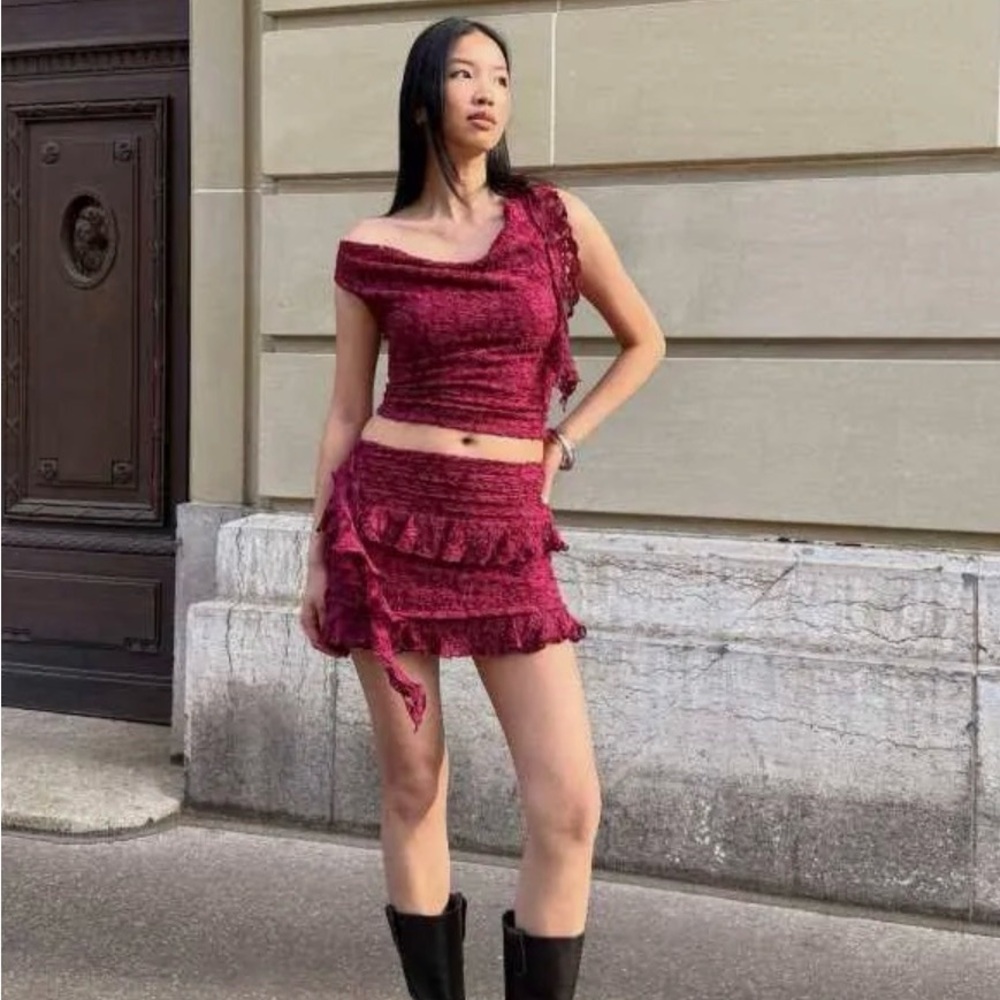 Cowl Neck Textured Two-Piece Set in Deep Berry